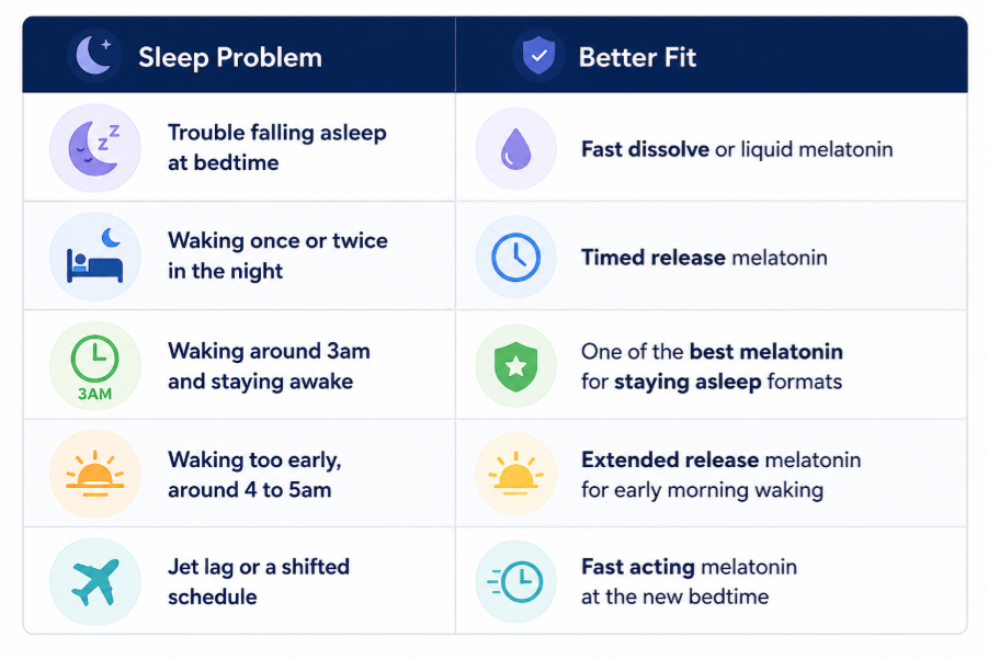  Sleep problems and suitable melatonin types comparison chart 